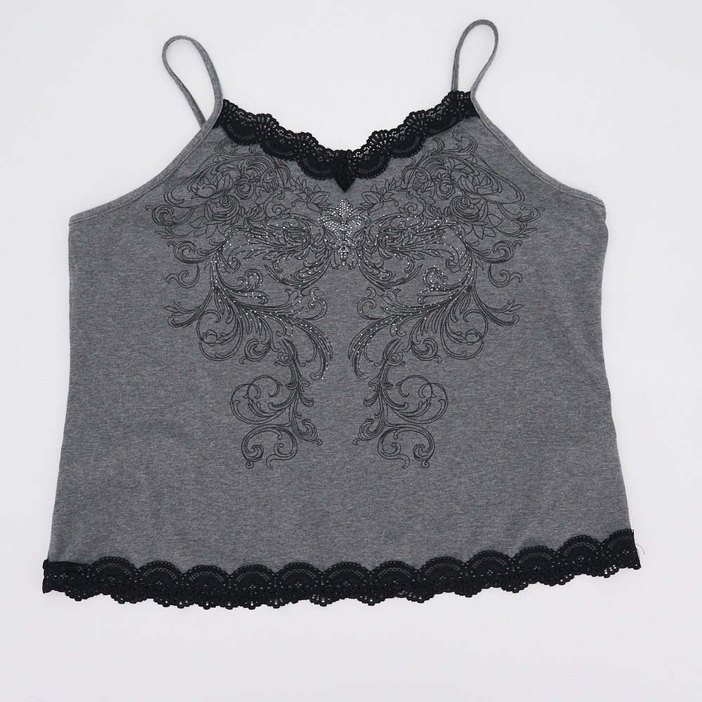 ROMWE Heather Gray Cami Black Lace Trim Rhinestone Scroll Print 3XL